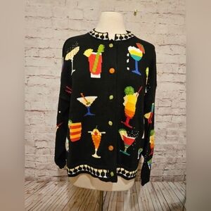 Christine Foley Womens Sweater Cocktails Magaritas Cardigan Sz 3 Black Vtg